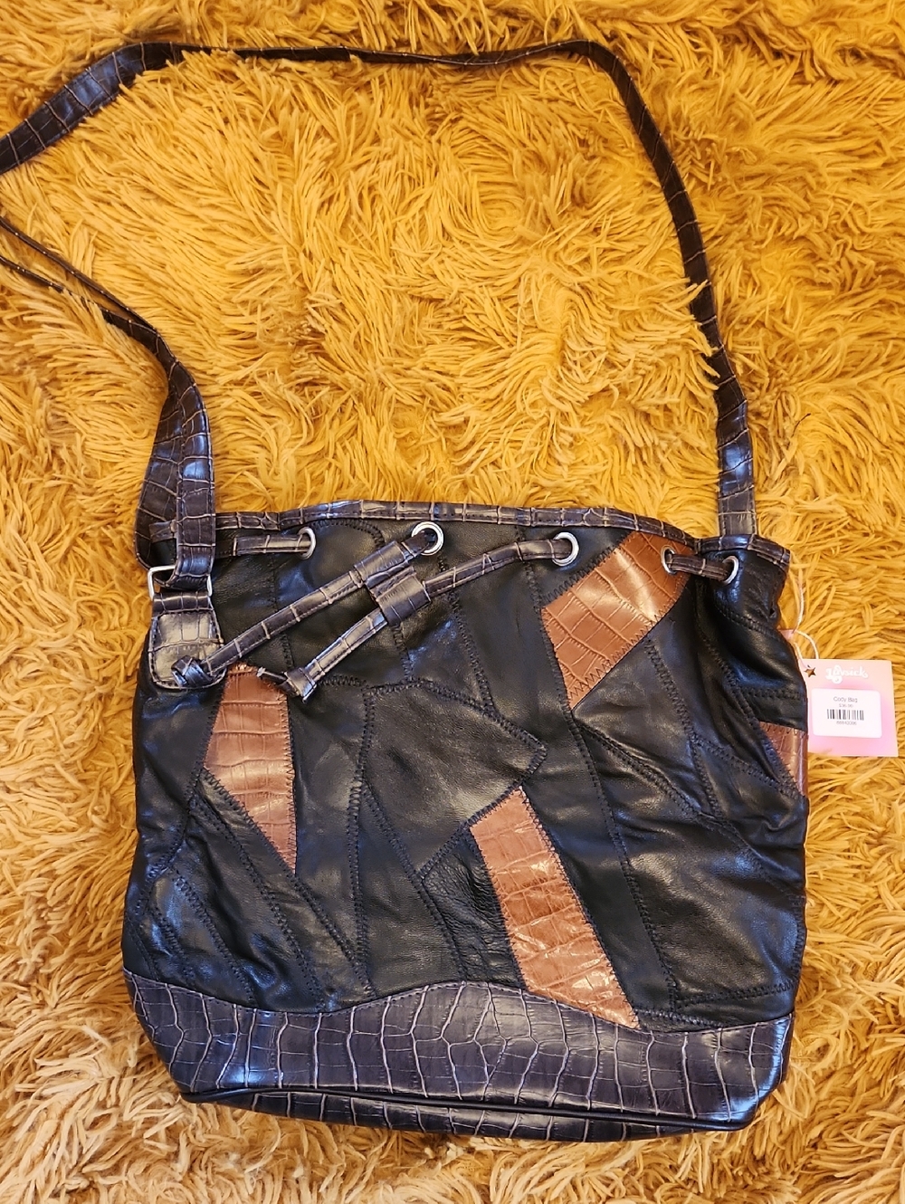 Vintage Leather Black & Brown Patchwork Leather Shoulder Bucket Bag